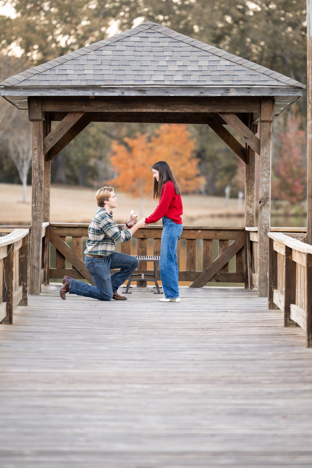 Surprise proposal at a lakeside gazebo